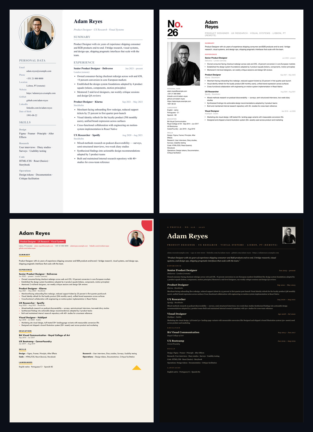 The same CV (Adam Reyes) rendered through four visually distinct templates: classic-serif on parchment, swiss with red accent, bauhaus with yellow primary palette, and noir on black with gold accent